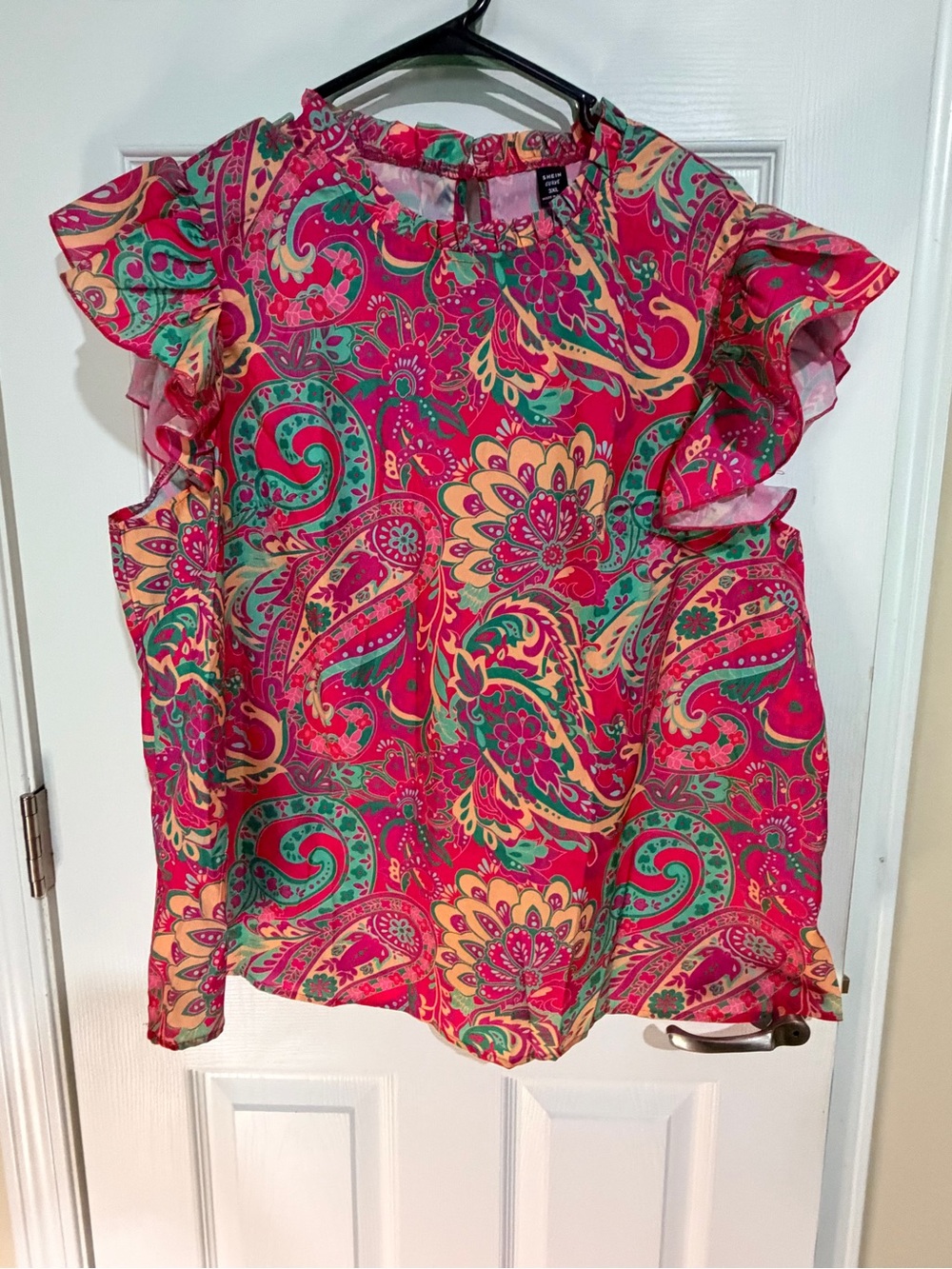 SHEIN Pink Paisley Ruffle Sleeve Blouse